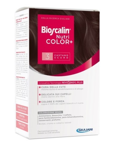 Bioscalin Nutricolor Plus 3 Castano Scuro Crema Colorante 40ml + Rivelatore Crema 60 Ml + Shampoo 12 Ml + Trattamento Finale Bal