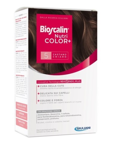 Bioscalin Nutricolor Plus 5 Castano Chiaro Crema Colorante 40 Ml + Rivelatore Crema 60 Ml + Shampoo 12 Ml + Trattamentofinale Ba