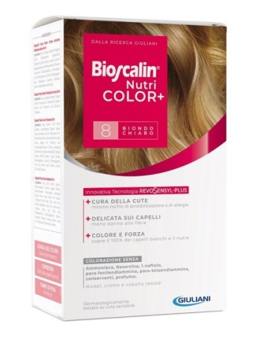 Bioscalin Nutricolor Plus 8 Biondo Chiaro Crema Colorante 40ml + Rivelatore Crema 60 Ml + Shampoo 12 Ml + Trattamento Finale Bal