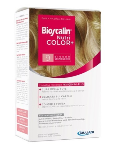 Bioscalin Nutricolor Plus 9 Biondo Chiarissimo Crema Colorante 40 Ml + Rivelatore Crema 60 Ml + Shampoo 12 Ml + Trattamento Fina