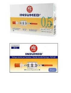 Siringa Per Insulina Pic Insumed 0,5 Ml 100 Ui Ago Gauge 30lunghezza 8 Mm Senza Spazio Morto 3 Sacchetti Da 10 Pezzi
