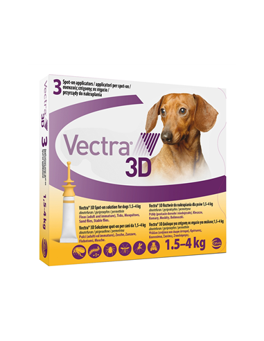 Vectra 3d*spot-on Soluz 3 Pipette 0,8 Ml 44 Mg + 3,9 Mg + 317 Mg Cani Da 1,5 A 4 Kg, Tappo Giallo