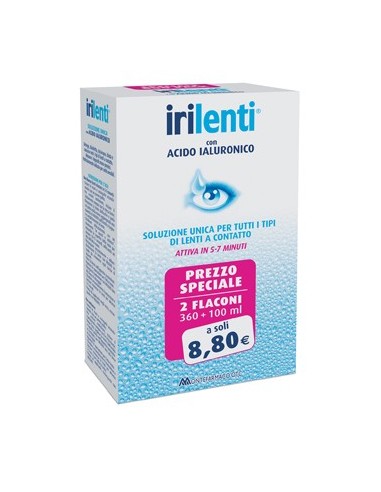 Soluzione Unica Per Lenti A Contatto Irilenti Con Acido Ialuronico 2 Flaconi Da 360 Ml + 100 Ml